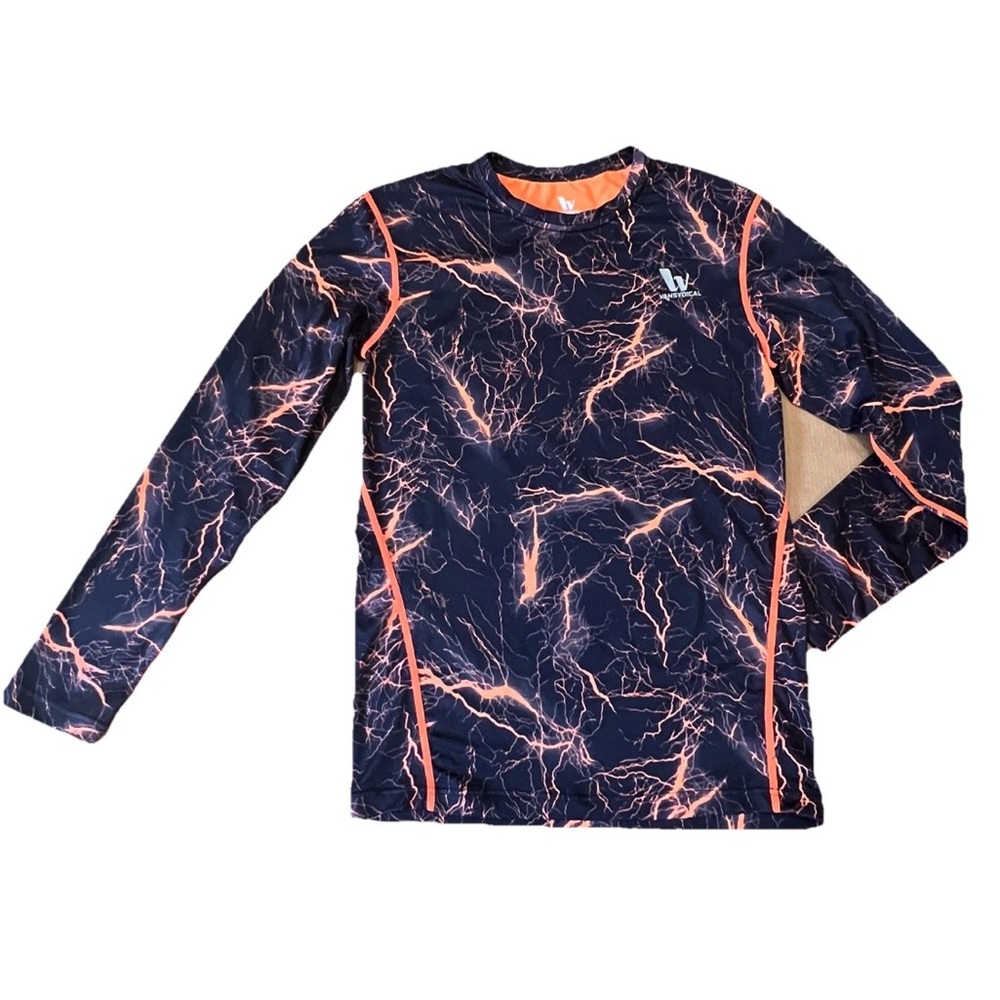 Long Sleeves Compression Shirt Black and Orange Lightning Kids Size L